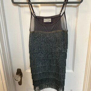 Sarina Paris Gray Spaghetti Strap Blouse with Full Front Tassels-Large